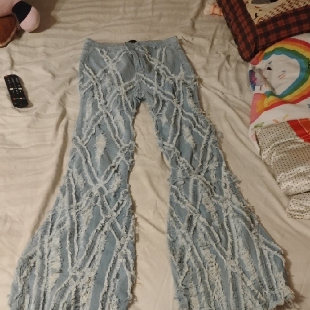 Stylish Distressed Flare Jeans in Light Blue